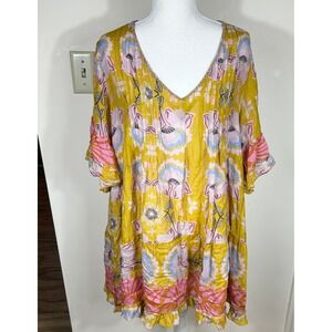 Duet Mona Beaded Tunic Anthropologie Women M Yellow Ruffle Sleeve Dress Fairy